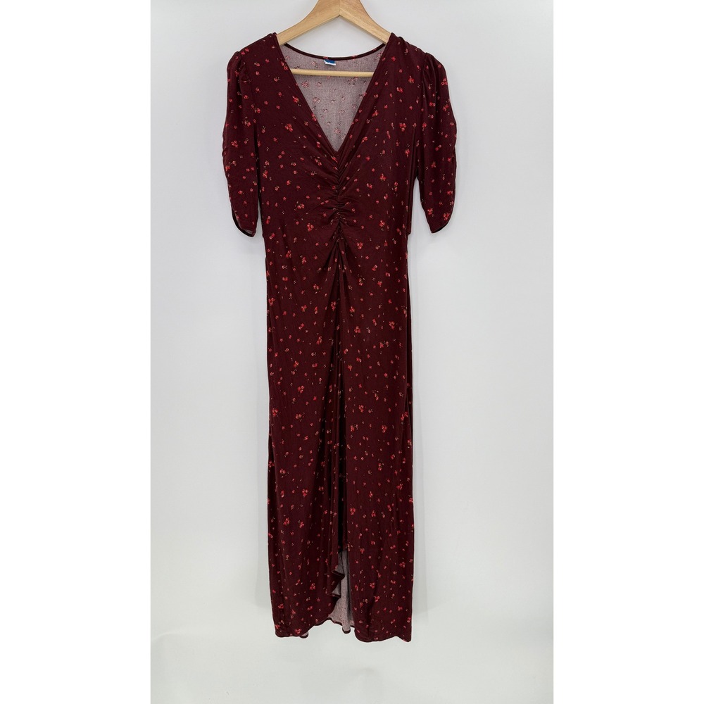 Old Navy Burgundy Floral Puff Sleeve Ruched V-Neck Maxi Dress Medium 753045-02